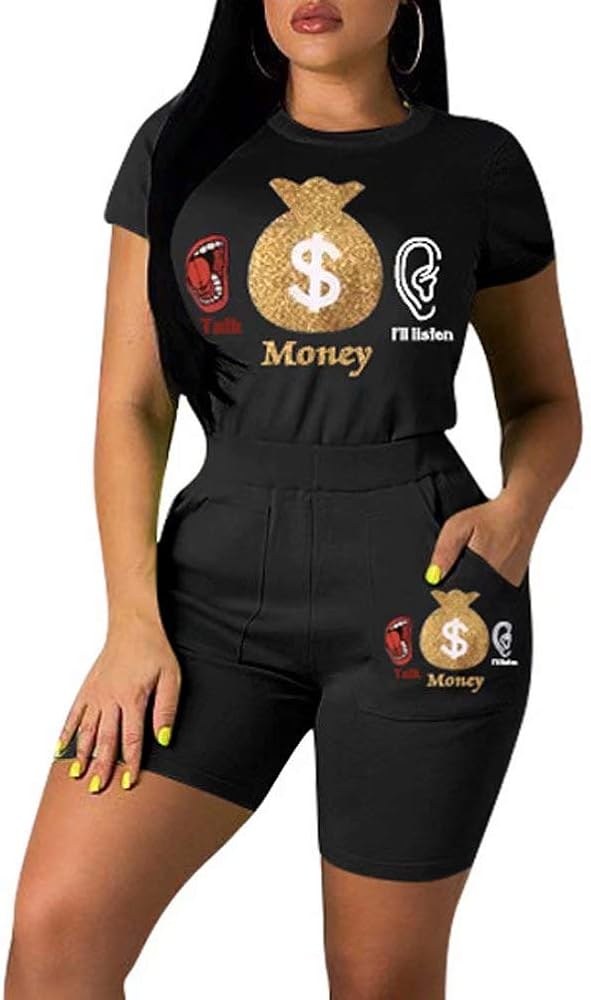 Womens Casual 2 Piece Outfit Lip Letter Print T Shirt Shorts Tracksuits