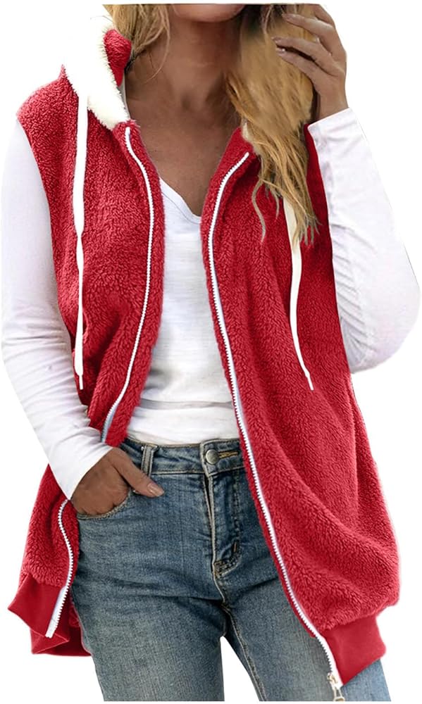 oiangi Womens 2024 Sherpa Vests Fashion Sleeveless Fleece Jacket Full Zip Drawstring Hoodie Long Warm Winter Coat Pockets