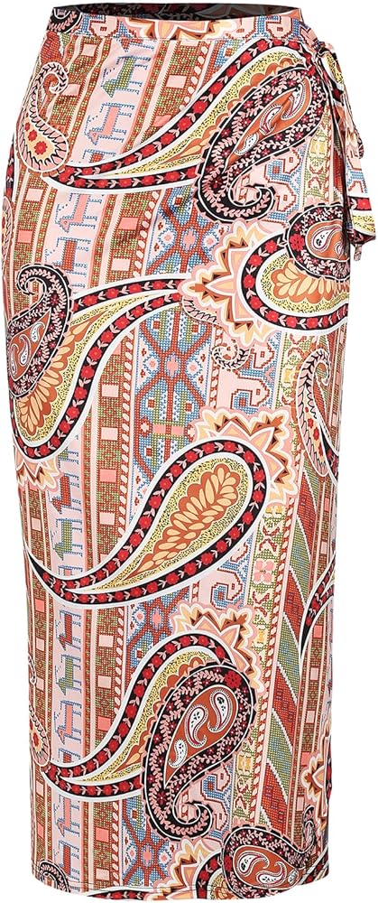 ZAFUL Women's Boho Skirt Asymmetrical Skirts Tied Floral Paisley Printed High Waist Ruched Skirts for Women