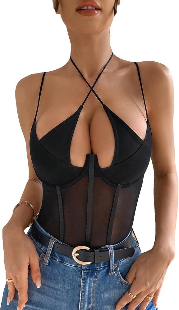 OYOANGLE Women's Sheer Mesh Halter Sleeveless Criss Cross Bustier Cami Bodysuit Top