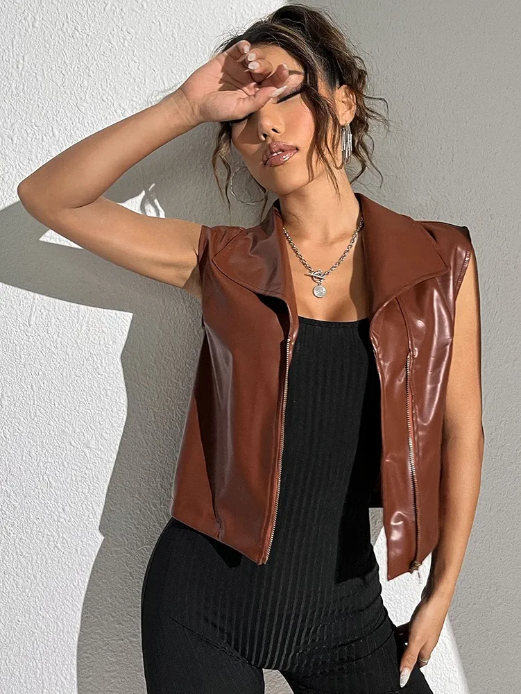 Women's Jackets Zipper Up Vest Jacket Jackets Coat (Color : Brown, Size : Medium)