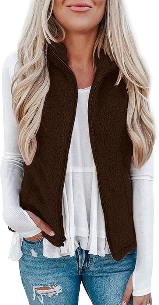 Women's Fleece Vest Casual Fuzzy Sleeveless Cozy Coats Lightweight Vest Winter Warm Sherpa Jacket with Pockets White Puffy Vest Women Brown Winter Coats for Women