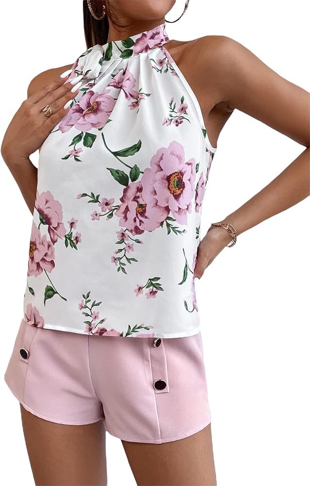 Floerns Women's Casual Shorts Set Floral Print Halter Neck Top Two Piece Outfit