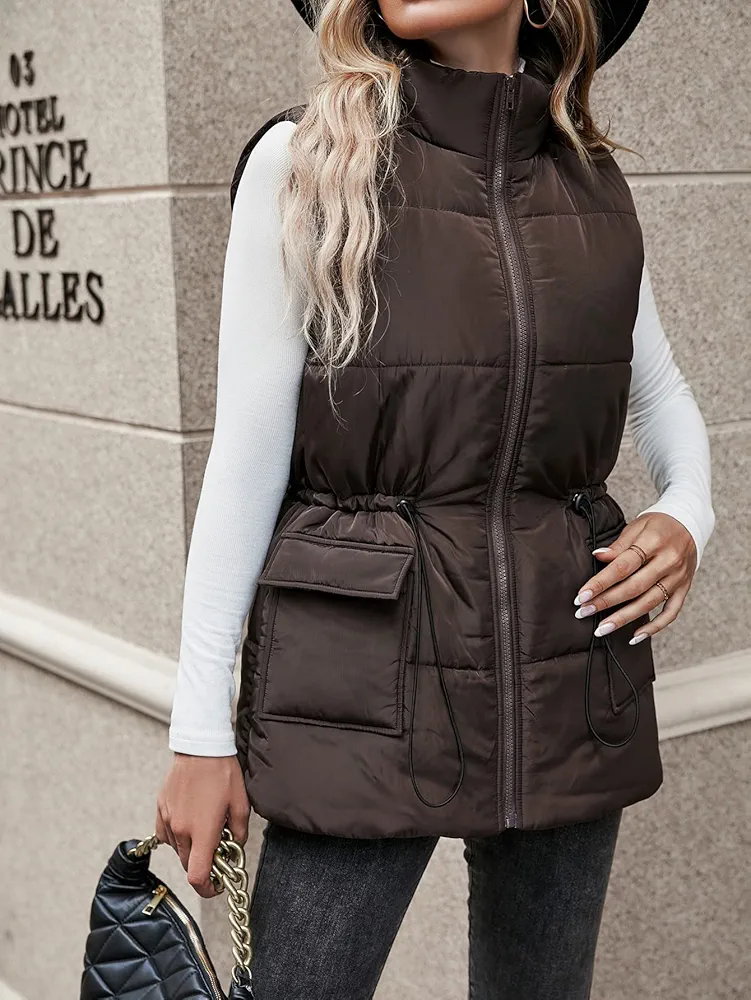 Jackets for Women Flap Pocket Drawstring Waist Zipper Vest Puffer Coat Jackets for Women (Color : Chocolate Brown, Size : Medium)