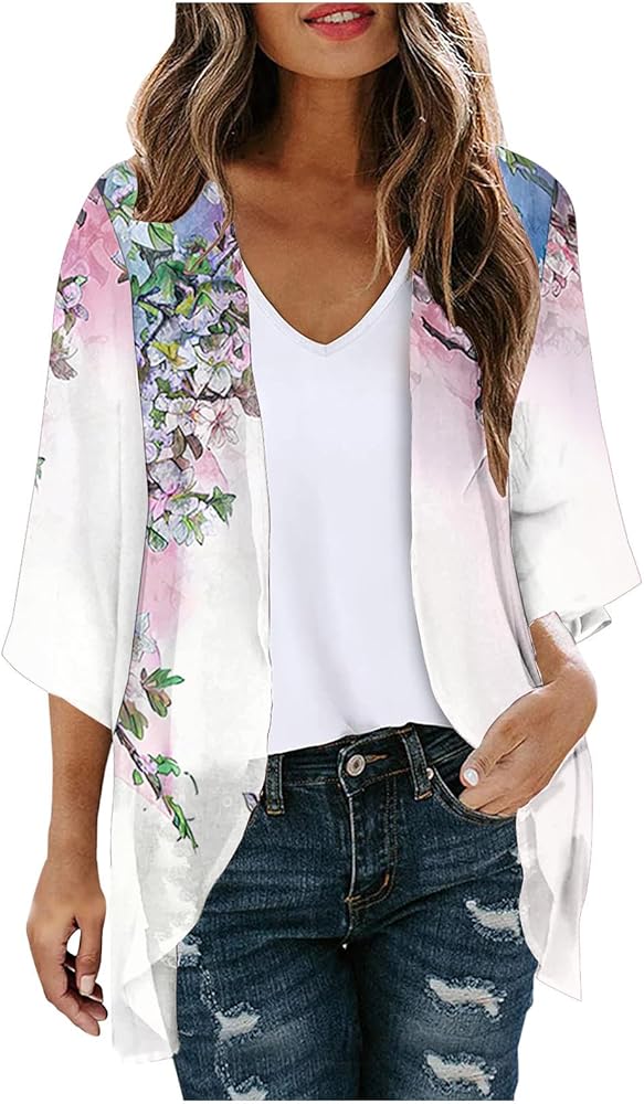 2024 Floral Printed Cardigans Women's Puff Sleeve Kimono Casual Loose Cover Up Boho Blouse Tops Summer Boho Clothes