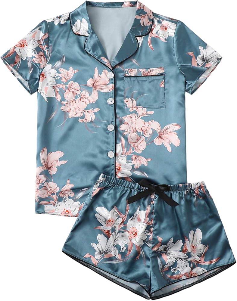 WDIRARA Women's Sleepwear Satin Short Sleeve Shirt and Shorts Pajama Set