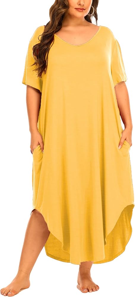 Womens Plus Size Nightgowns Sleepwear Short Sleeve Sleep Dress Maxi Night Gowns with Pockets