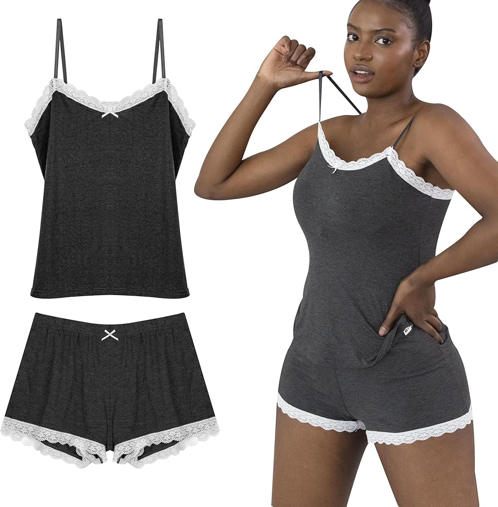 MALAMUTE Womens Cami Pajama Set Rayon Sleepwear Lace Trim Cami Top and Shorts Nightwear