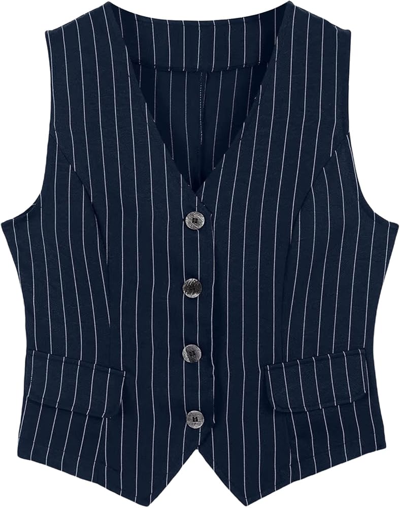 WDIRARA Women's Striped V Neck Sleeveless Button Up Crop Vest Blazer Jacket Waistcoat