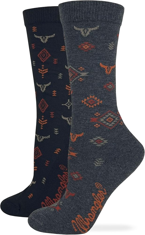 Wrangler Womens Ultra Dri Cushioned Aztec Steer Head Pattern Crew Socks 2 Pack