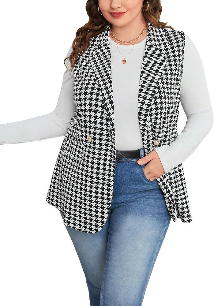 WDIRARA Women's Plus Size Houndstooth Print Vest Blazer Double Breasted Sleeveless Jacket