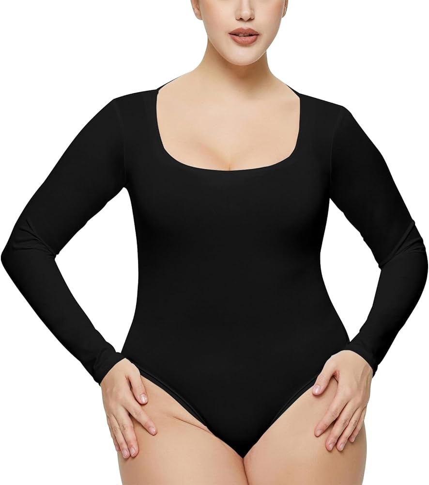 XQALIN Long Sleeve Bodysuit for Women Scoop Neck Bodysuits Leotards for Womens Thong Body Suits Tops