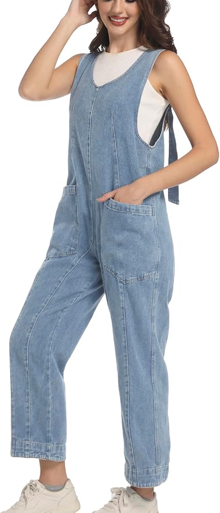 Womens High Roller Denim Jumpsuit Baggy Loose Fit Jean Overalls Adjustable Straps Sleeveless Jumpers with Pockets