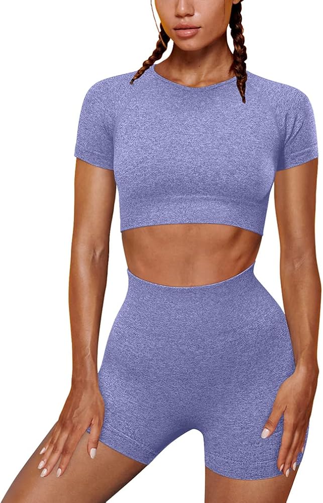 Women's Yoga 2 Piece Outfits Workout Running Crop Top Seamless High Waist Sports Shorts Sets