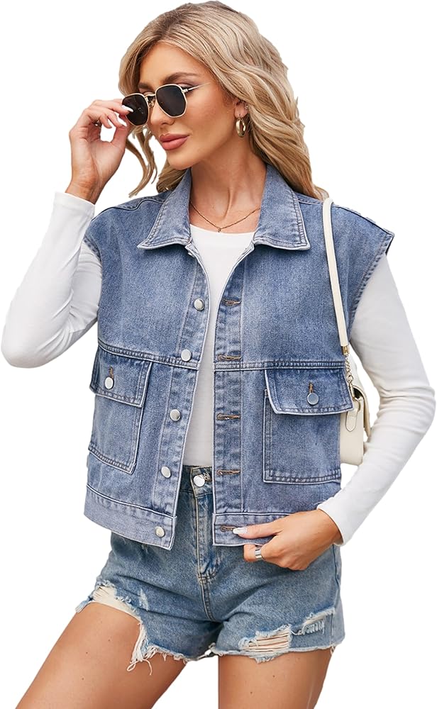 Denim Vest Jacket for Women Vintage Lapel Sleeveless Button Down Jean Vest with Pockets 2024