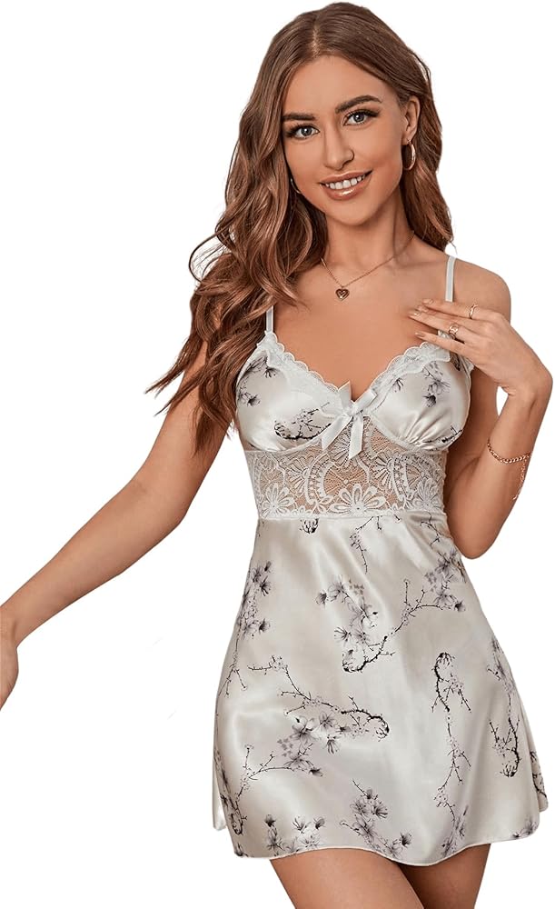 SweatyRocks Women's Floral Print Spaghetti Strap Sheer Lace Night Dress Satin Nightgown Sleepwear