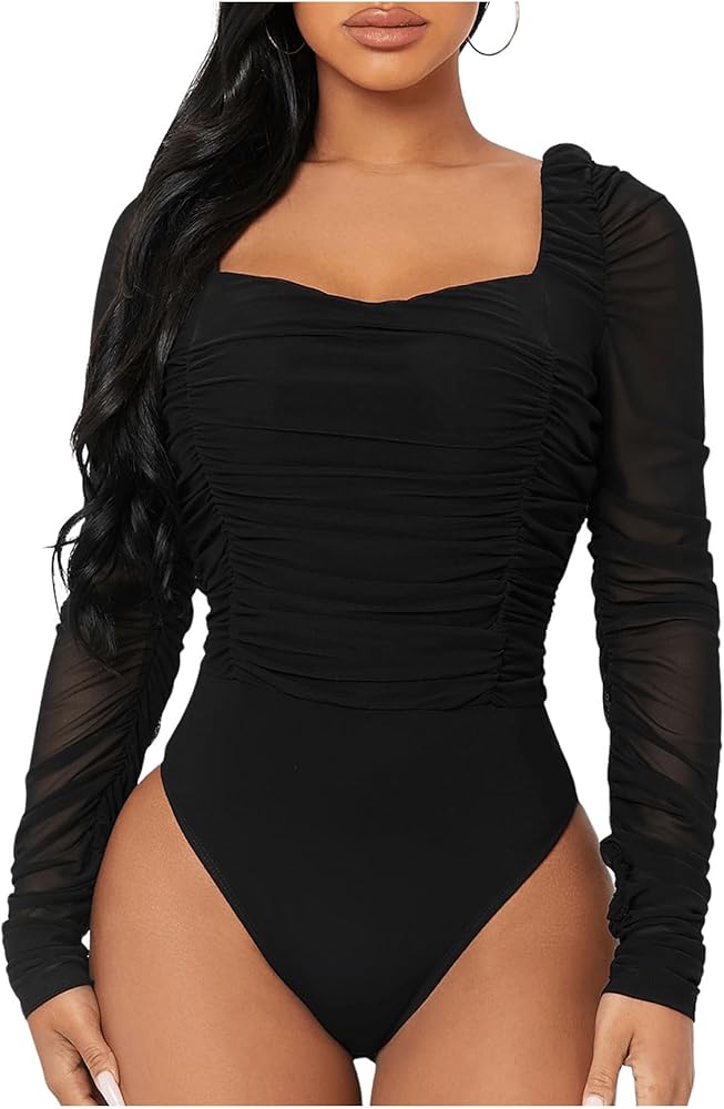 MakeMeChic Women's Mesh Sheer Bodysuit Shirt Square Neck Ruched Long Sleeve Leotard Tops