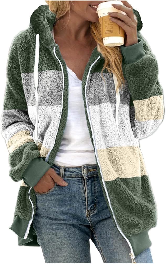 Womens Winter Fuzzy Fleece Jacket Color Artificial Wool Zipper Drawstring Long-Sleeved Hoodie Sweater Coat Hooded