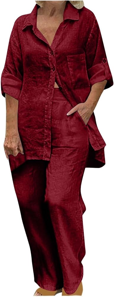 Linen Set for Women Pants Sets 2 Piece Outfits Button Down Shirts and Wide Leg Long Pants Linen Outfits