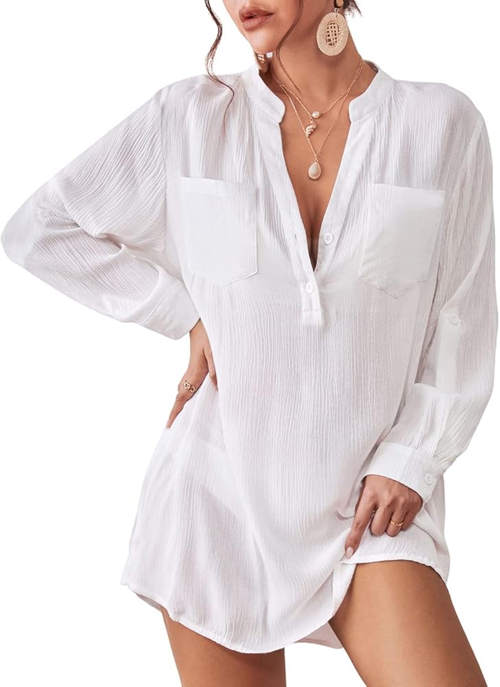 Eddoyee Beach Cover up for Swimwear Women V-neck Bathing Suit Cover Ups Summer Beach Shirt