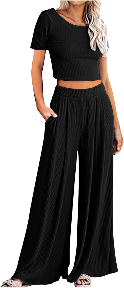 Two Piece Wide Leg Pant Set for Women Crop Top Sets Plus Size Summer Lounge Set 2023 Going Out Outfits