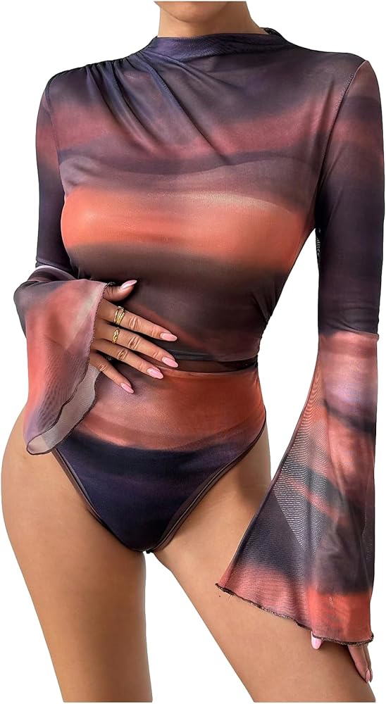 Milumia Women's Tie Dye Mesh Mock Neck Flounce Long Sleeve Bodysuit Leotards Top