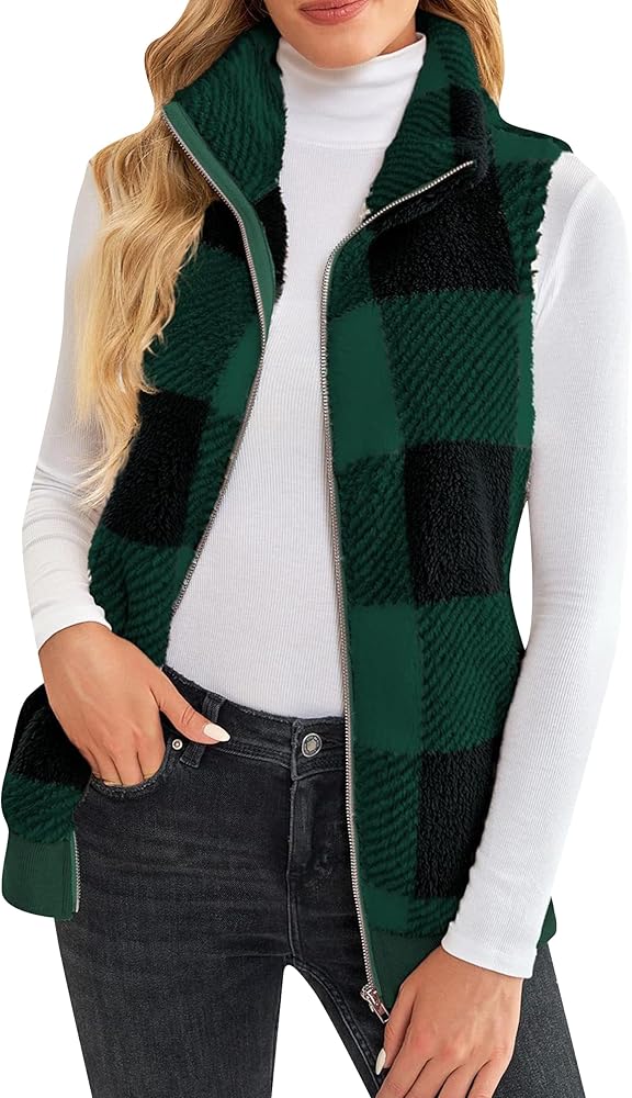 YMING Women's Sleeveless Zip Up Vests Fuzzy Fleece Plaid Vest Fall Warm Lapel Vest with Pockets