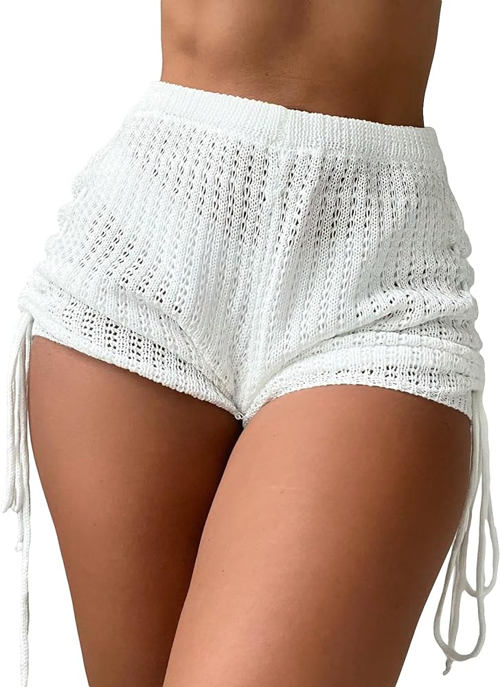 SHENHE Women's Crochet Knit Drawstring Side Ruched Cover Up Shorts Beach Shorts