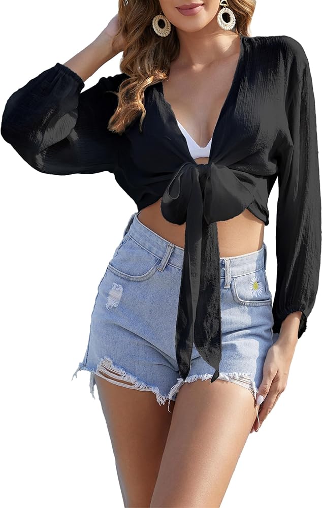 Women's Beach Cover Up Crop Top Tie Front V Neck Summer Long Sleeve Swimsuits