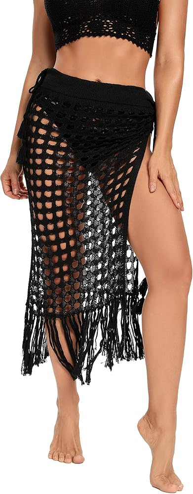 Beach Swimsuit Skirt Cover Ups for Women Summer Sexy Tassels Hollow Out Crochet Sheer Maxi Knit Skirts