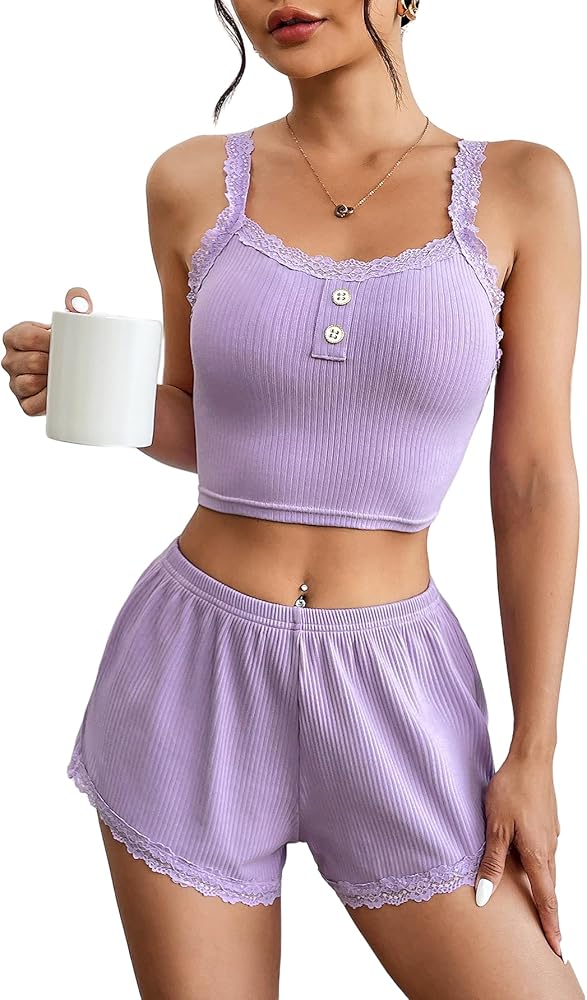 Avidlove Women Pajamas Set Lace Trim Lingerie Sleepwear Set Button Lace Lounge Set Ribbed Cami Shorts Pjs