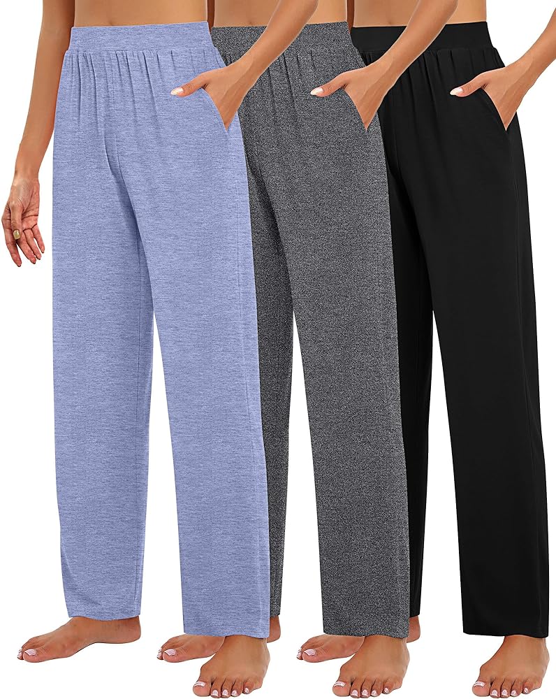 3 Pack Women's Lounge Pants, Cozy Wide Leg Lounge Pants with Pockets Loose Flowy Yoga Sweatpants Workout Comfy Jogger