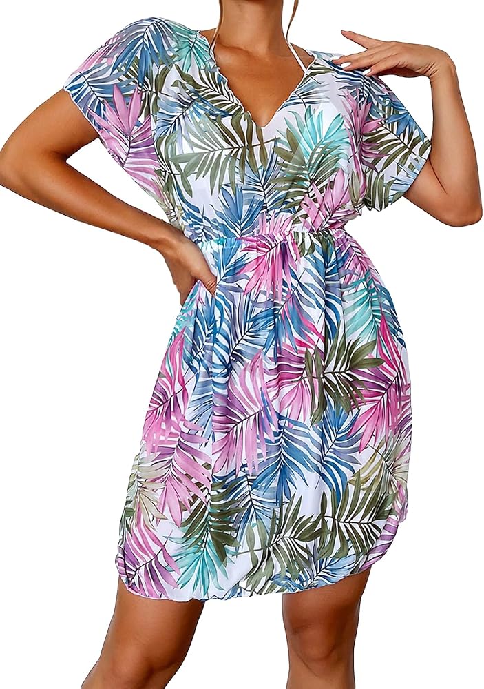 Milumia Women's Tropical Print Coverup Beach Dress Cap Sleeve V Neck Bikini Cover Ups