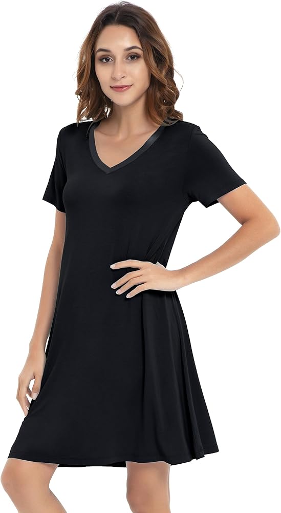 NACHILA Nightgowns for Women-Viscose Made from Bamboo, Soft Sleepshirts Short Sleeve Nightshirts Loose Sleepwear