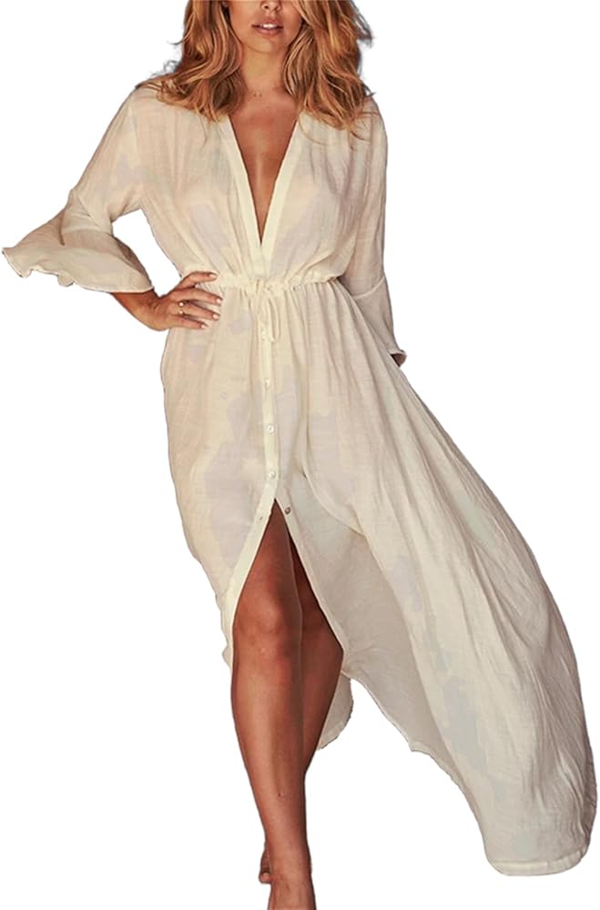 Women's Swimsuit Cover Ups Button Down Bell Sleeve Deep V Neck Long Kimono Cardigans Beach Dress