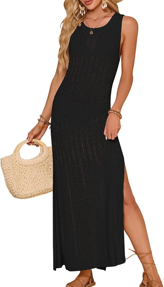 Bsubseach Crochet Cover Up for Women Sleeveless Swimwear Coverups Summer Long Dress