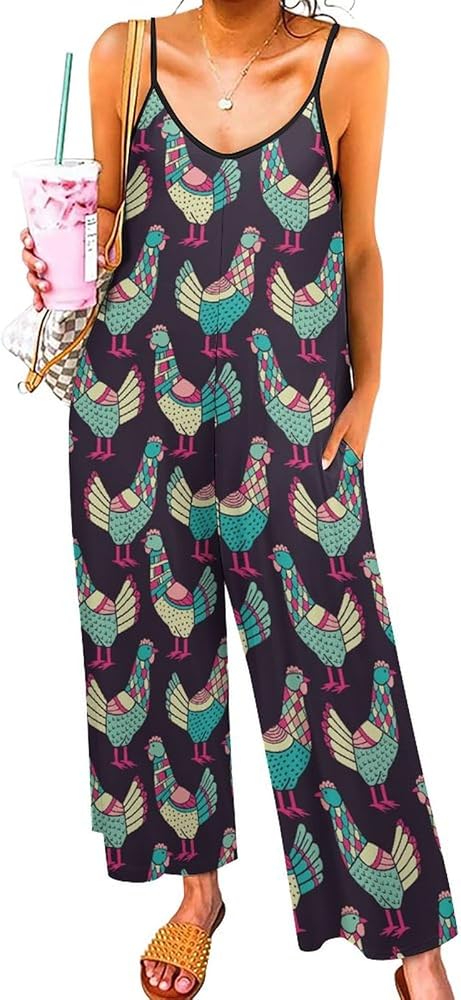 Chickens Pattern Women's Summer Jumpsuits Sleeveless Rompers Loose Overalls Casual Outfits