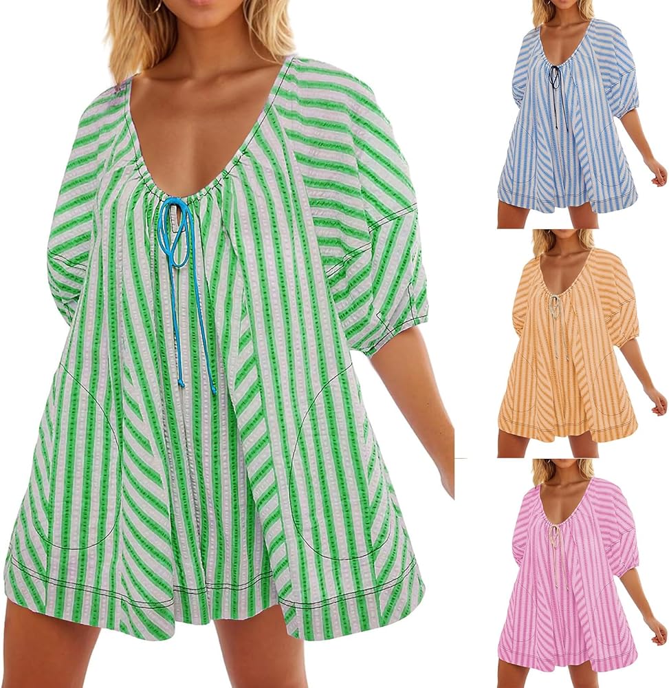 Short Jumpsuits for Women Plus Size Rompers Short Sleeve Striped Lace-up Casual Loose One-piece Shorts Summer