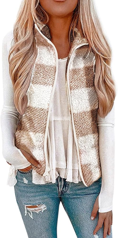 YUTANRAL Vests for Women 2023 Fleece Lined Sherpa Jacket Womens Fashion Sleeveless Fuzzy Lightweigt Winter Coats Plus Size Crop Tops Dressy Casual Fall Clothes Puffer Vest Y2k Clothes(1A-Khaki,Large)