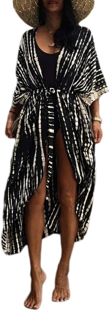 Bsubseach Stylish Tie Dye Open Front Long Kimono Swimsuit Cover up for Women