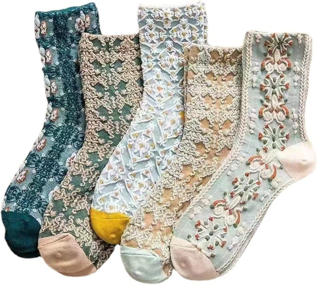 MeganJDesigns 5 Pairs Cotton Socks for Women Men Girl Thick Knit Boots Breathable Socks Cute Floral Crew Socks Set