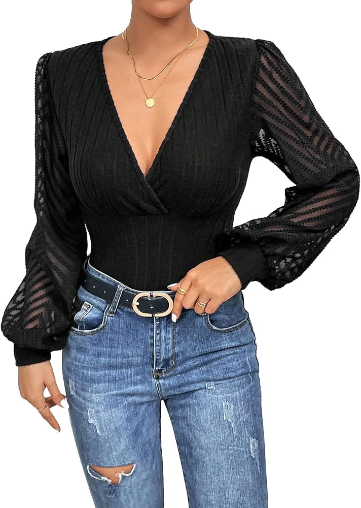 OYOANGLE Women's Wrap Deep V Neck Mesh Lantern Long Sleeve Ribbed Knit Bodysuit Tops