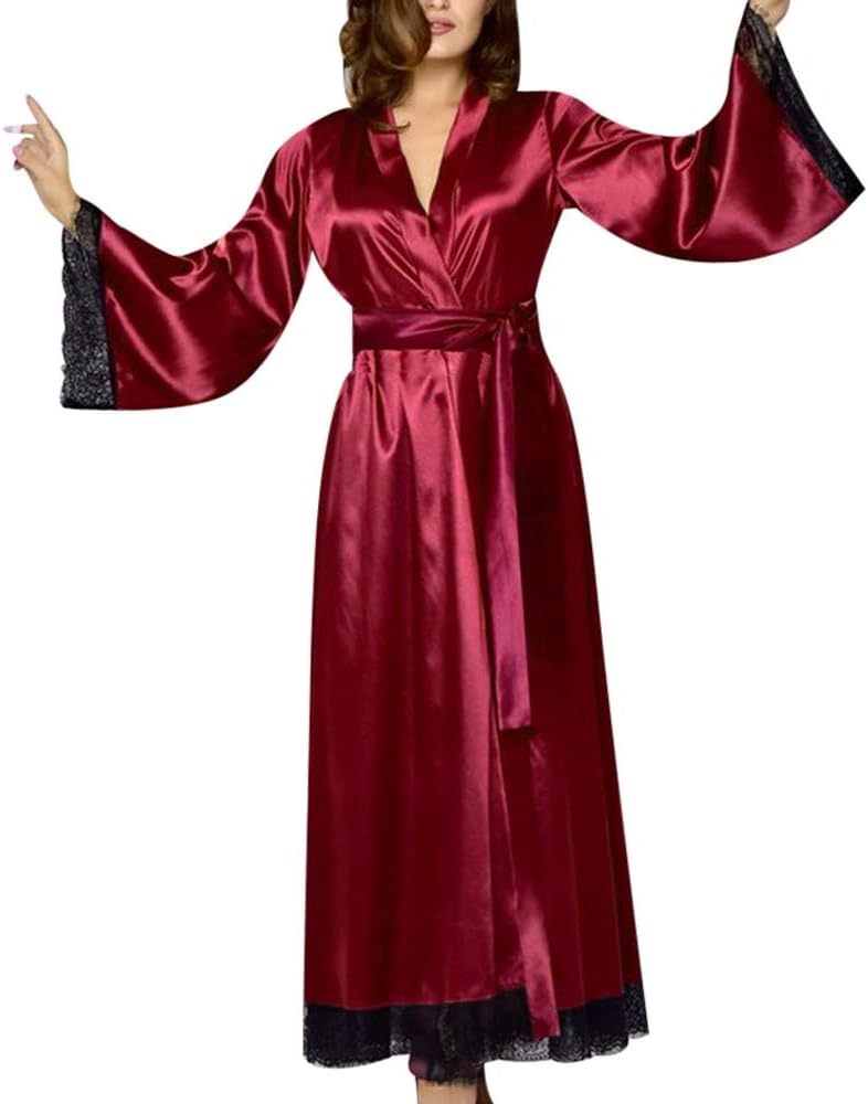 Womens Long Robe Kimono Satin Gown Lingerie Lace Trim Kimono Lounge Bathrobe Sleepwear Wedding Bridesmaid Robe