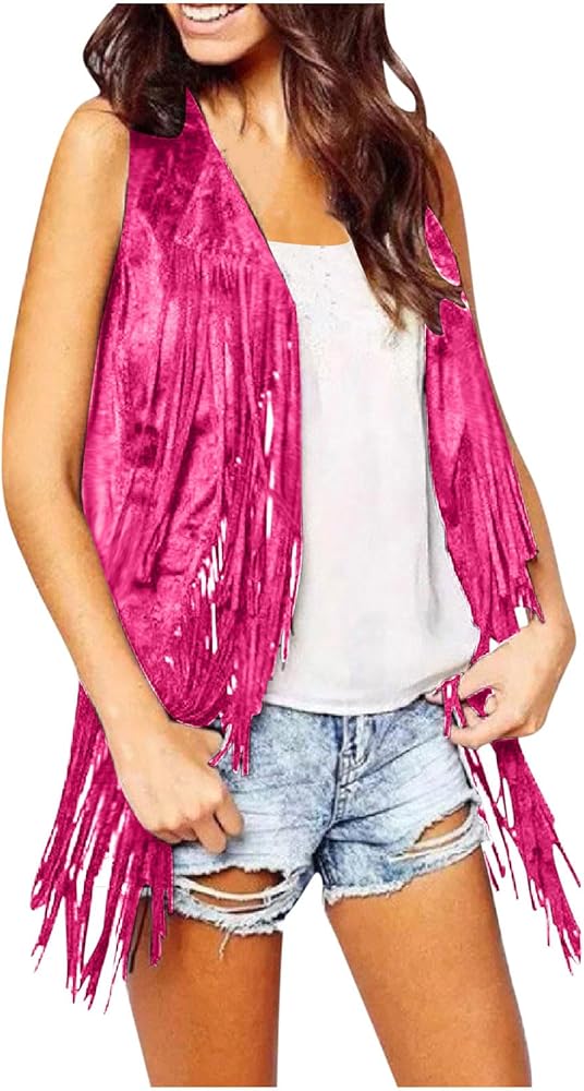 Ladies Fringe Waistcoat Women Sleeveless Tassel Vest Hippie Gilet Faux Suede Jacket Coat Solid Color Open Front Cardigans Western Jacket Plain Longline Coat Plus Size Outwear Tops, X-Large