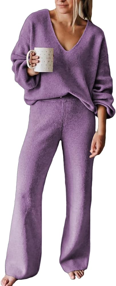 Viottiset Women's 2 Piece Outfits Sweater Lounge Set V Neck Knit Top Wide Leg Pants Sweatsuit Purple XL