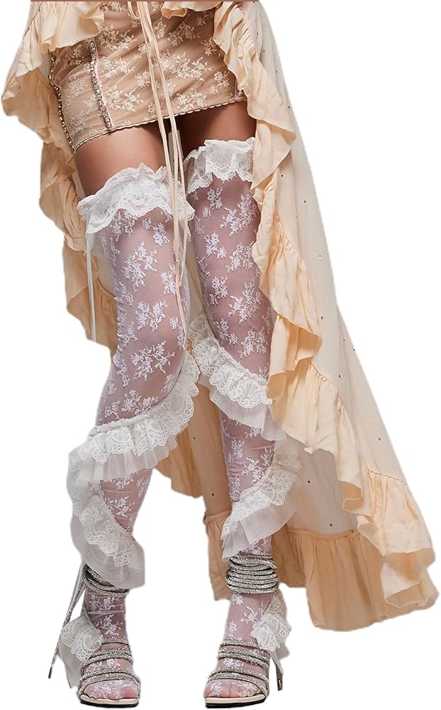 Women Floral Lace Sheer Thigh High Socks Lolita Over the Knee Socks See Through Tights Stockings Coquette Clothes