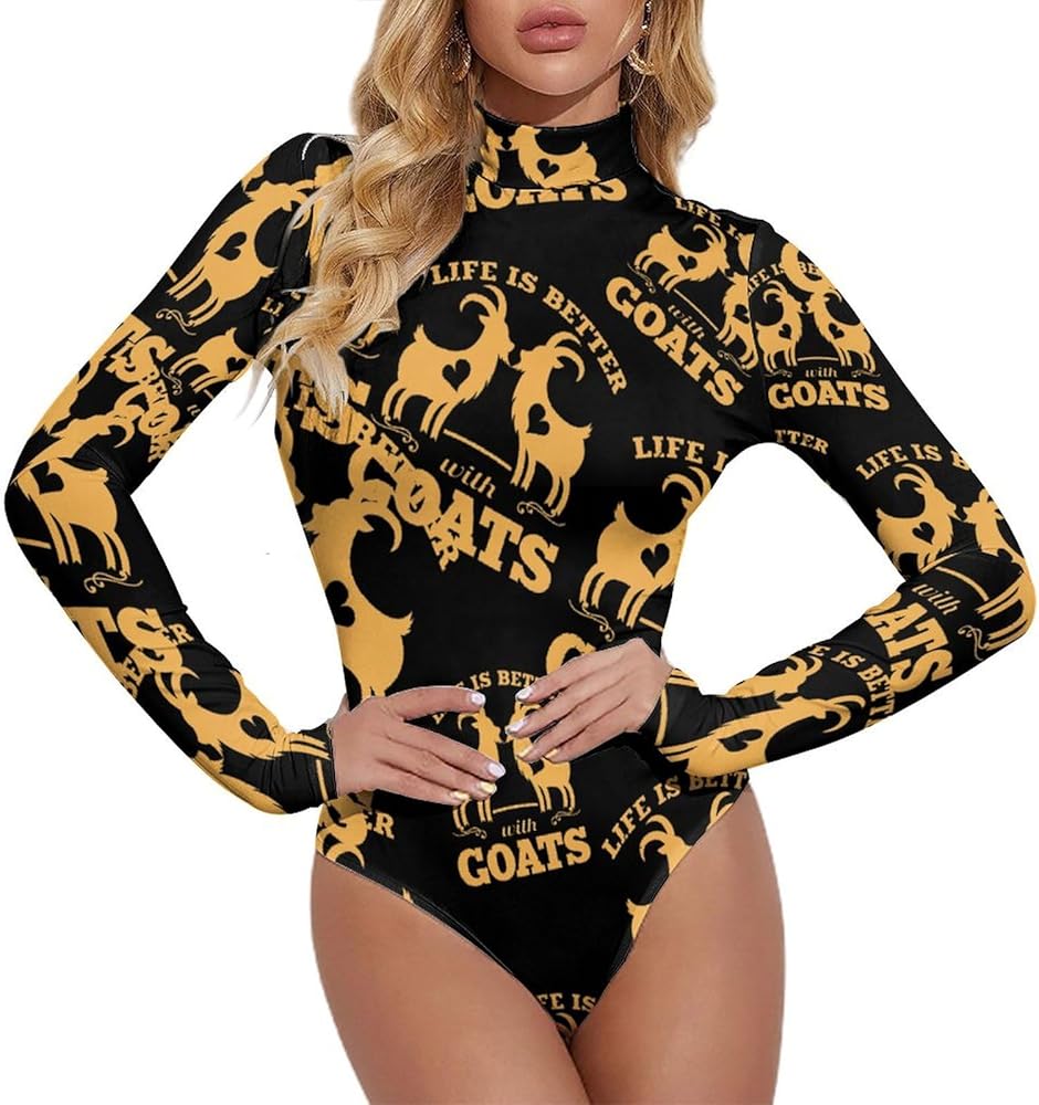 Life Is Better with Goats Women's Bodysuit Tops Turtle Neck Long Sleeve Jumpsuit Print T Shirt