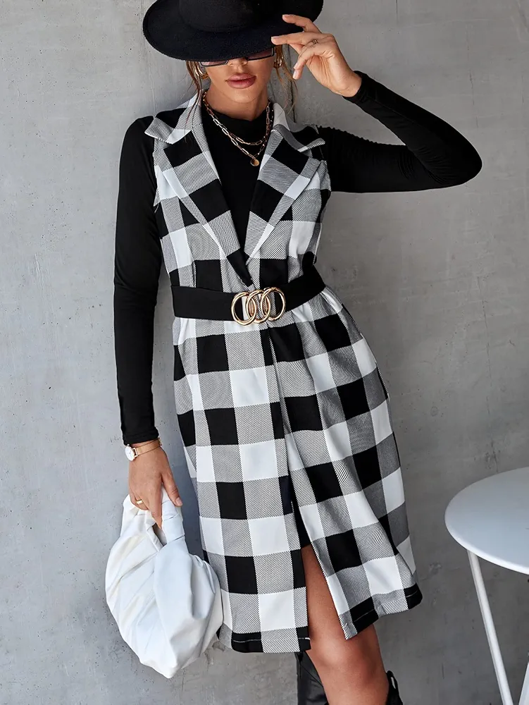 Jackets for Women Gingham Print Lapel Neck Vest Coat Without Belt Jackets for Women (Color : Black and White, Size : Small)