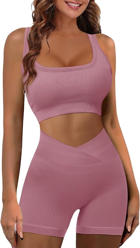 JZC Workout Sets for Women 2 Piece Ribbed Seamless High Waist Shorts Yoga Outfits