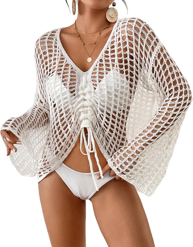 Bsubseach Women Swimsuit Crochet Swim Cover Up 2024 Summer Bathing Suits Knit Drawstring Ruched Beach Vacation Tunic Top